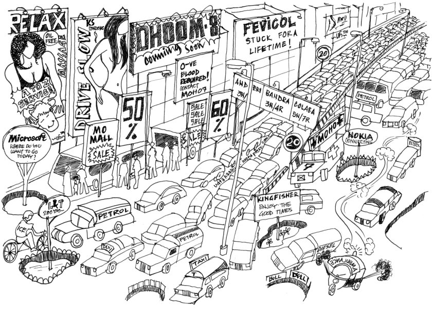 Mumbai Traffic, cartoon, year , 2050, cars, jam